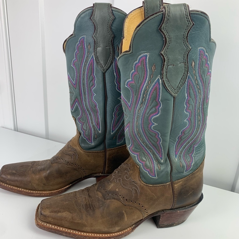 Vintage Justin Cowboy Boots 8.5 Blue Leather Pink Coachella Western Cowgirl